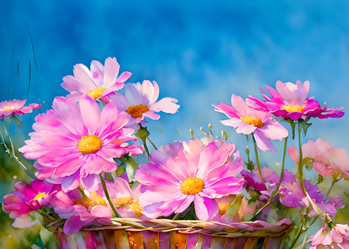 Bright Pink Cosmos Flowers in Basket Against Blue Sky