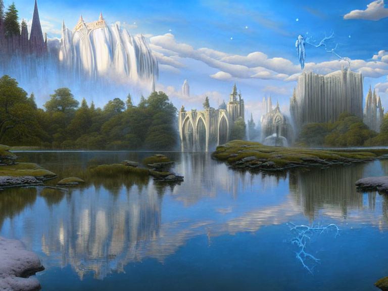 Majestic castles and cascading waterfalls in a tranquil landscape