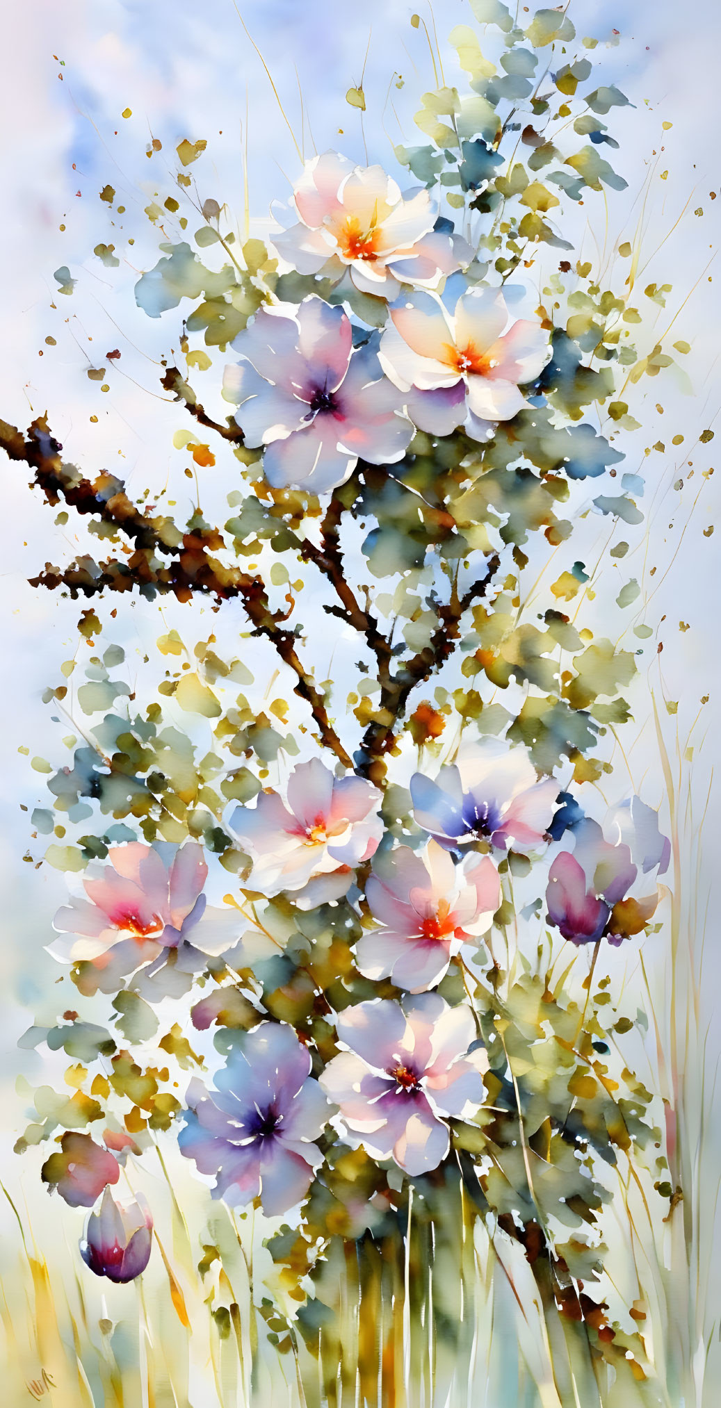 Pastel watercolor painting of blossoming tree with pink and blue flowers