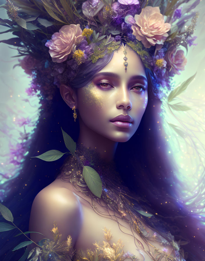 Mystical woman with floral crown and golden accents on soft violet background