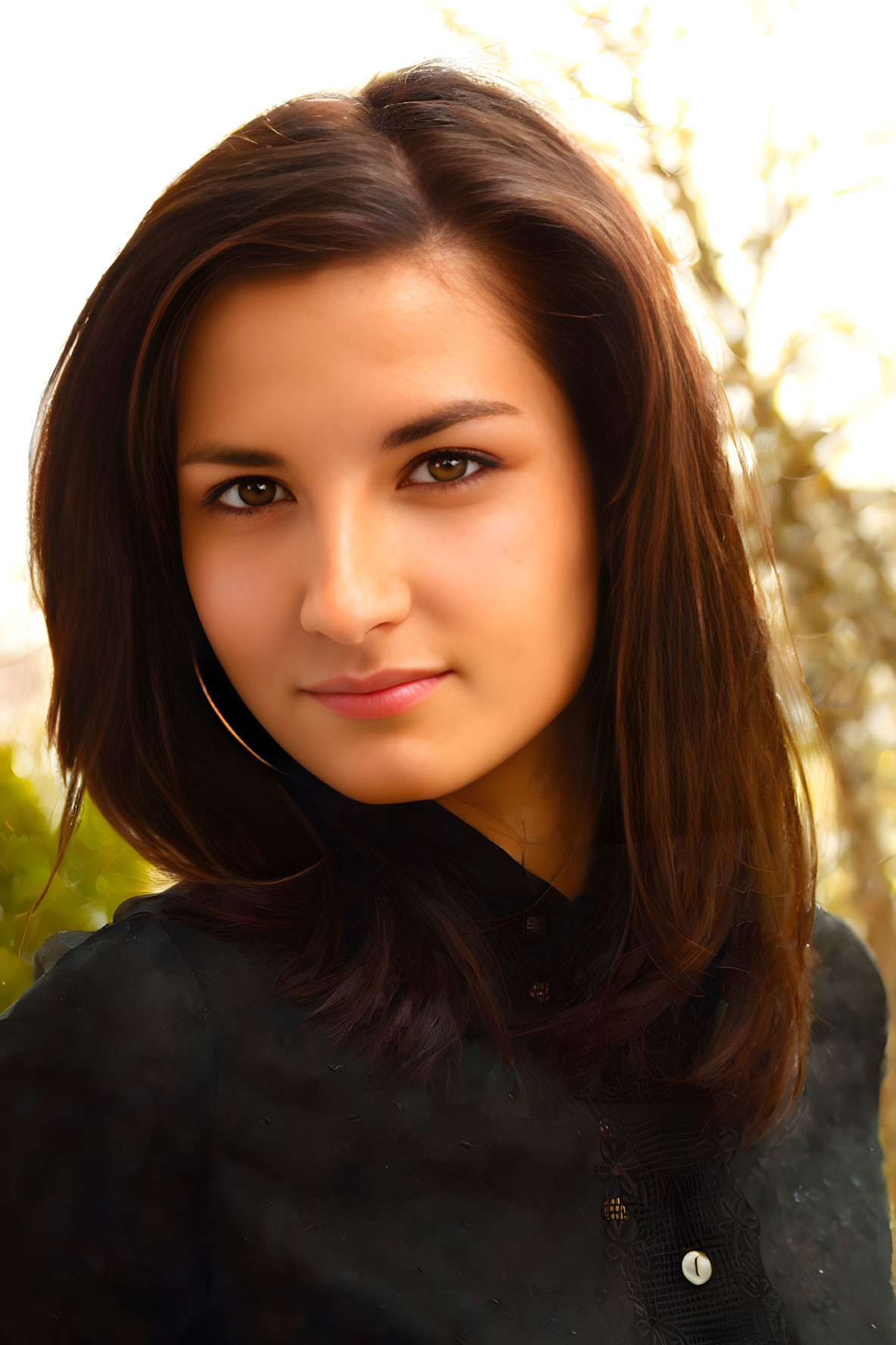 Portrait of Woman with Shoulder-Length Brown Hair and Hoop Earrings in Dark Blouse