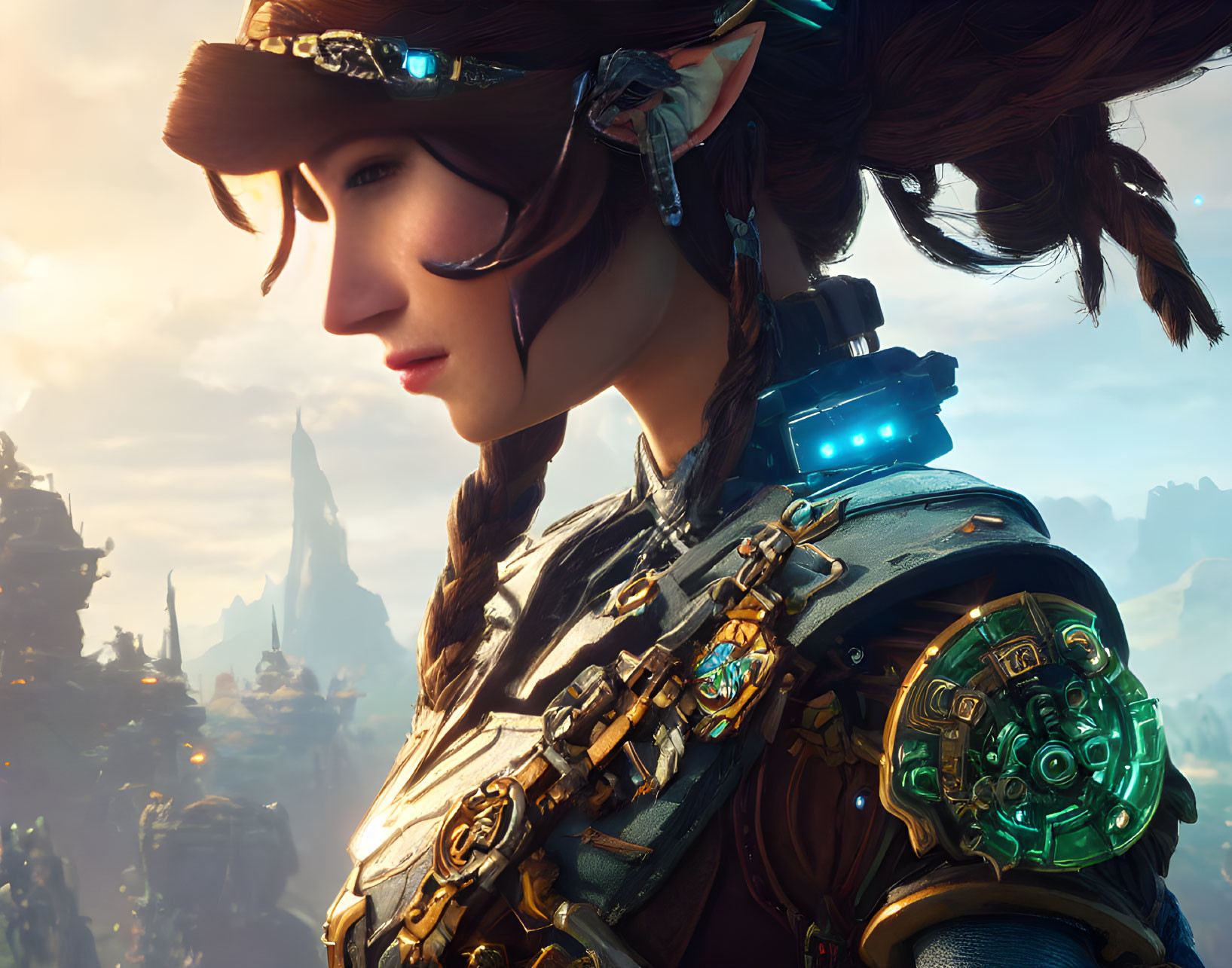 Female character with futuristic gear and braided hair in mystical landscape.