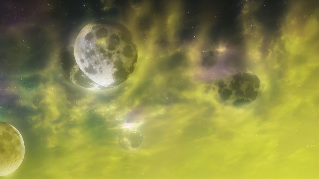 Multiple Moons in Cosmic Sky with Nebulous Green and Yellow Background