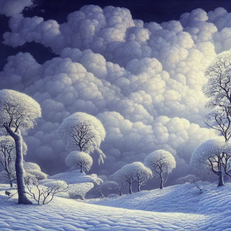 Snow-covered trees in serene winter landscape with fluffy clouds