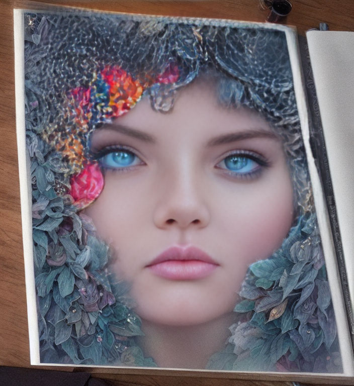 Realistic digital artwork of woman's face with vibrant blue eyes and textured hood on wooden surface.