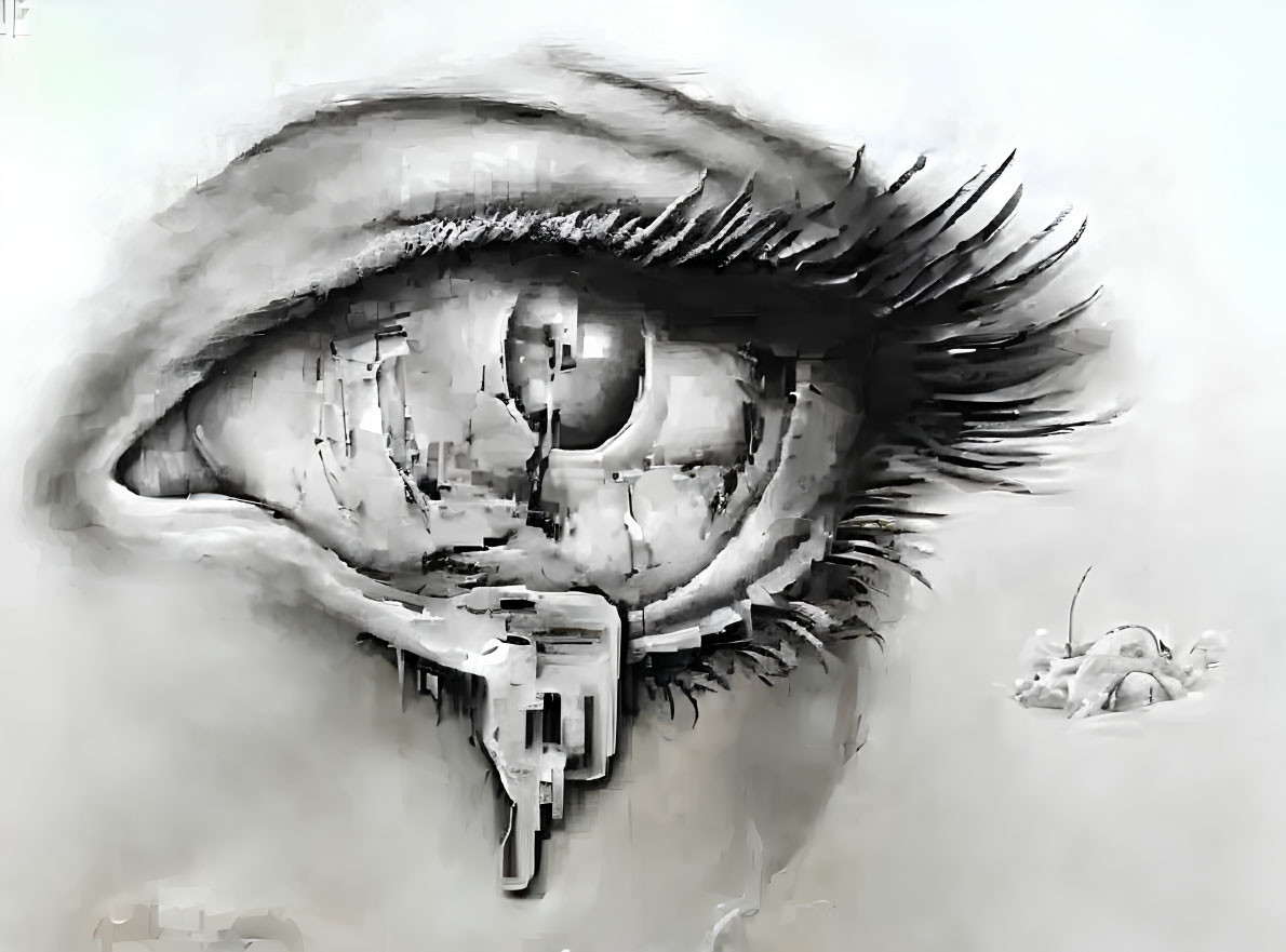 Detailed grayscale human eye with keyhole iris and floating key - surreal art.