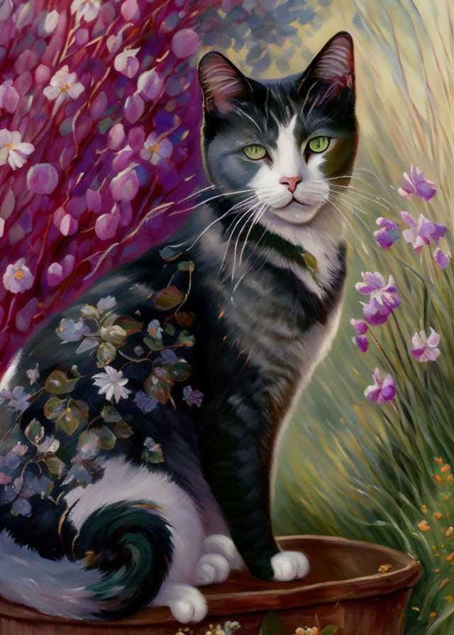 Black and White Cat with Green Eyes in Front of Colorful Floral Backdrop