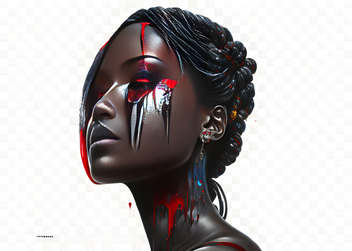 Digital artwork: Woman with shiny skin and red streaming lines on face