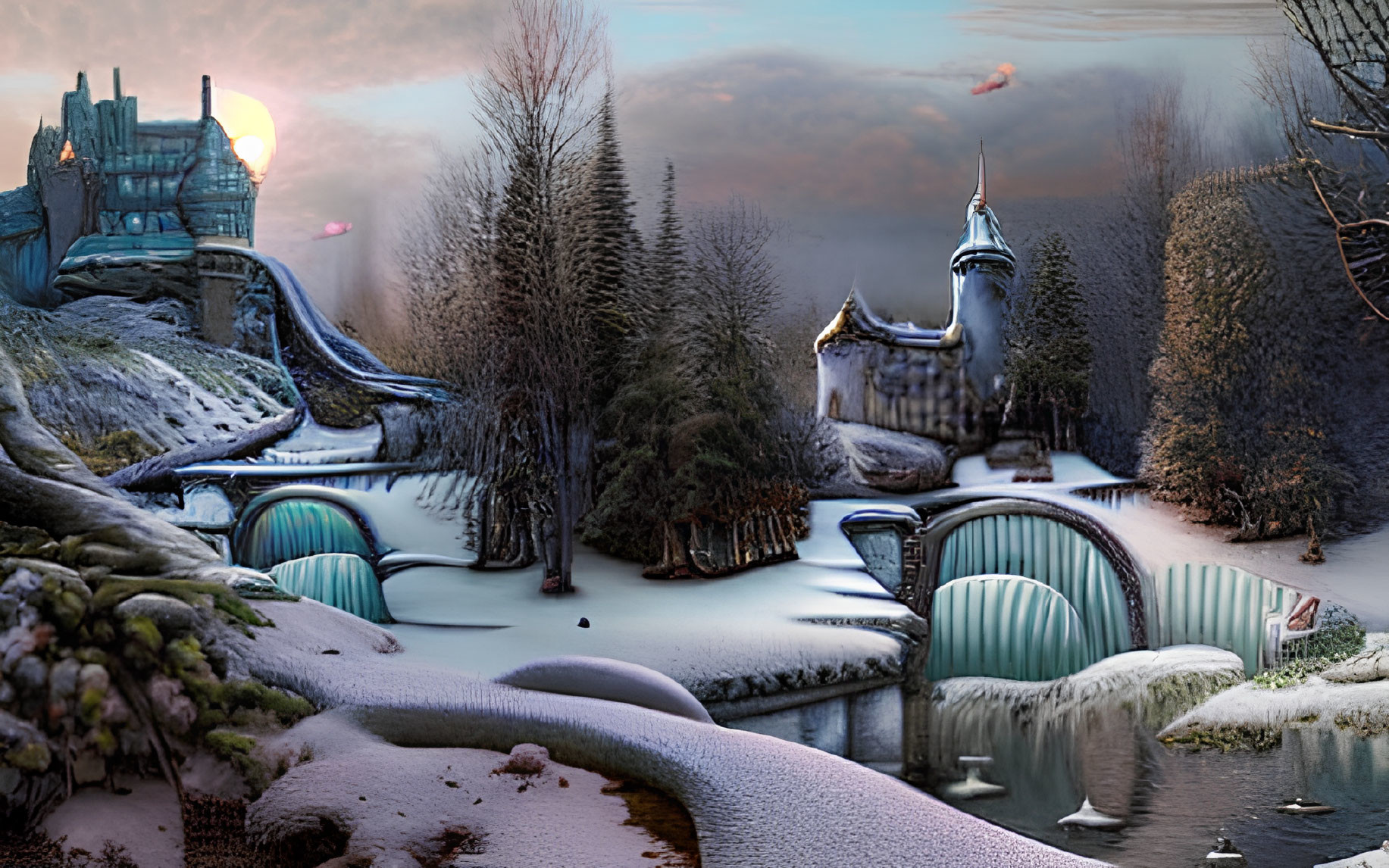 Fantasy winter landscape with castle, frozen waterfalls, stone bridge, and setting sun.