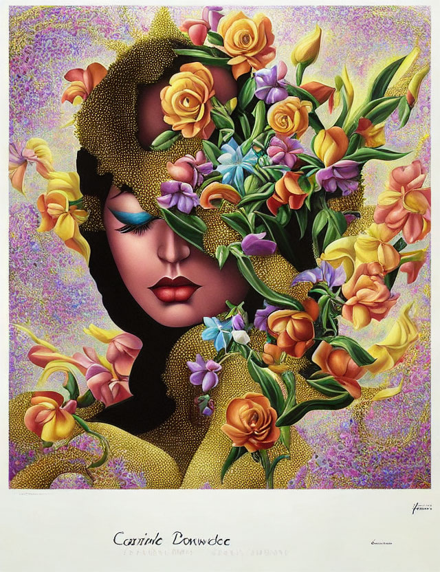 Stylized woman's face with vibrant flowers and leaves on speckled background