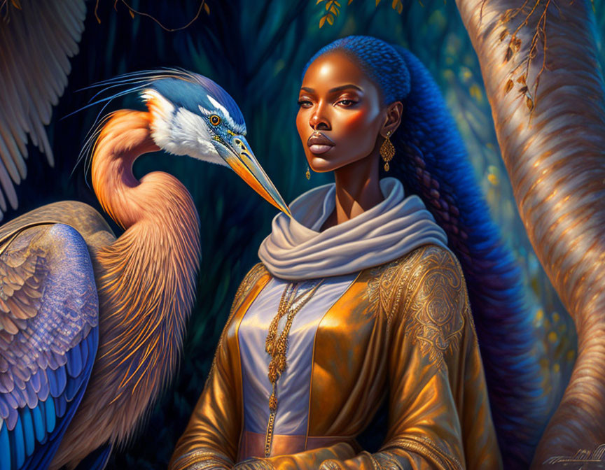 Portrait of elegant woman with dark skin and blue eyeshadow near colorful heron in forest