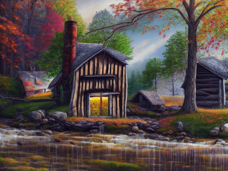 Cozy rustic cabin by stream in autumn setting