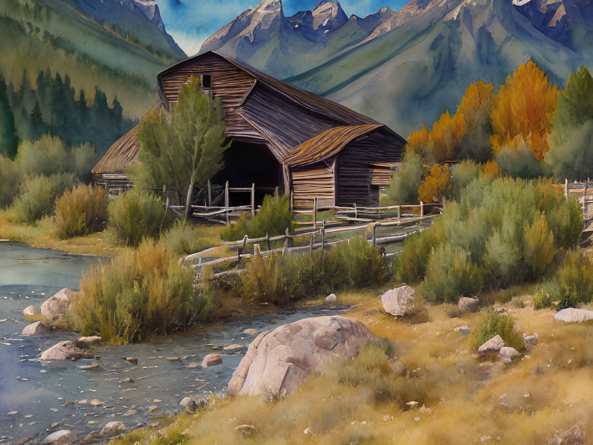 Rustic wooden barn by river with mountain view & autumn trees