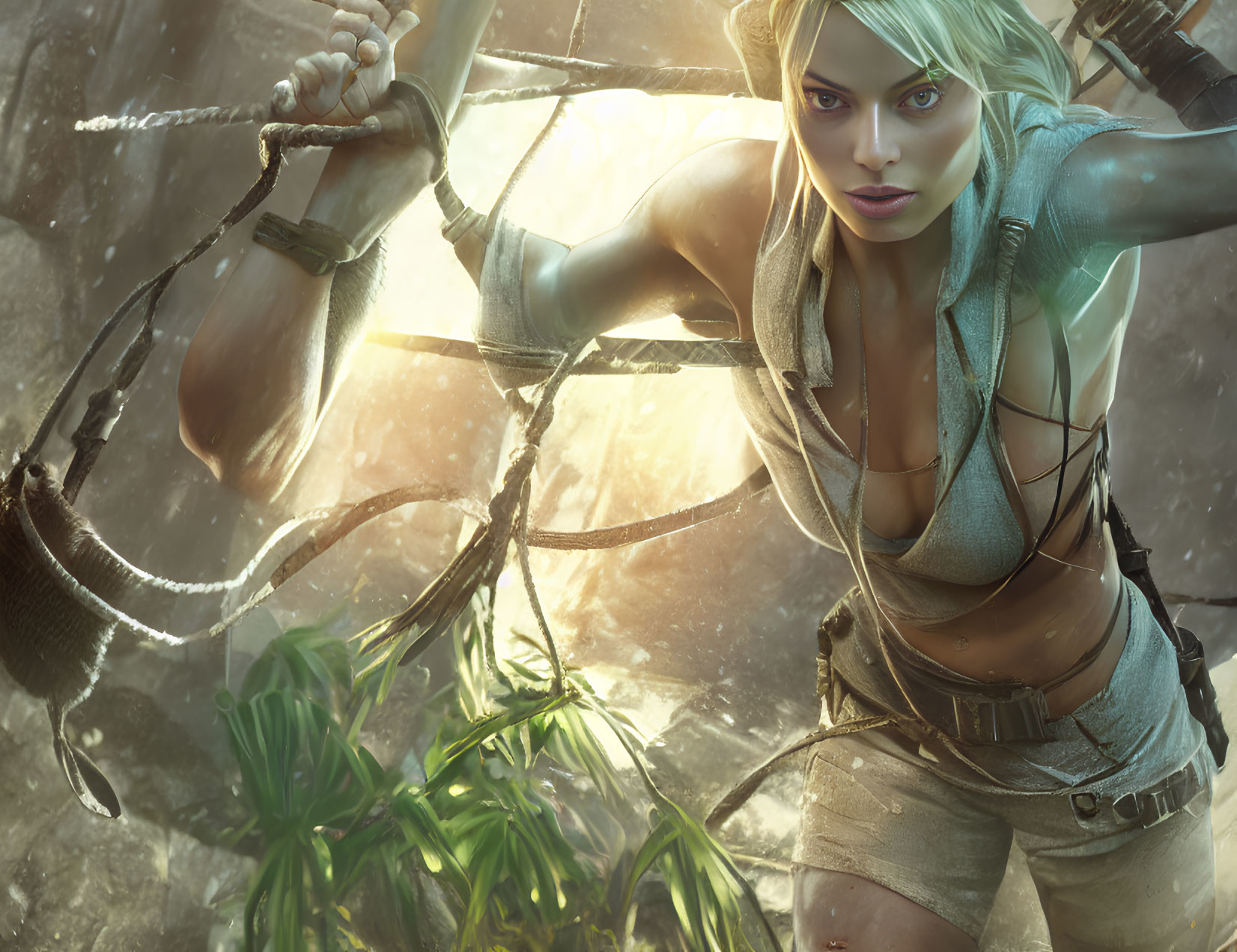 Blonde Female Adventurer Climbing in Jungle Setting