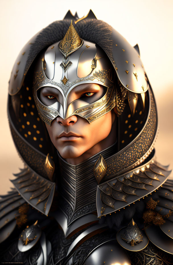 Detailed Golden Mask with Blue Eyes and Matching Armor on Person