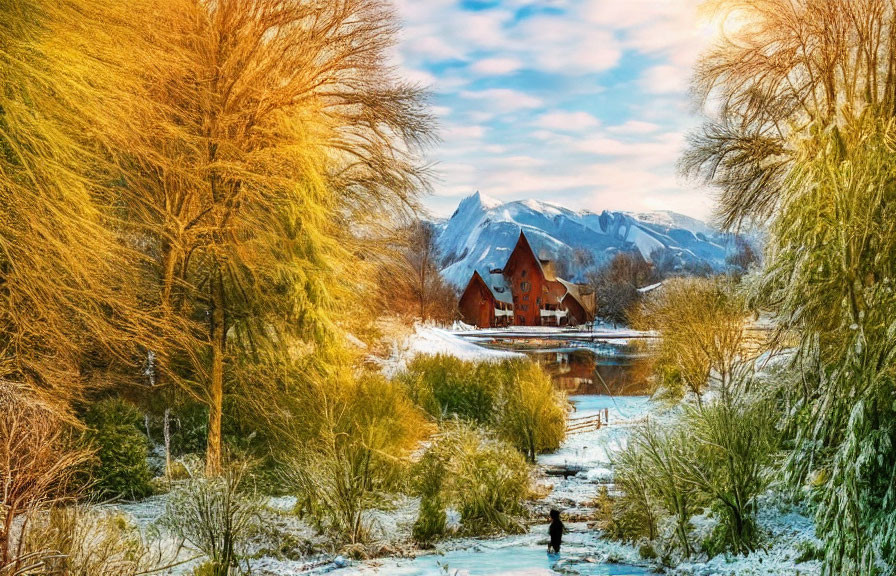 Snowy landscape with house, bare trees, and sunlit mountains