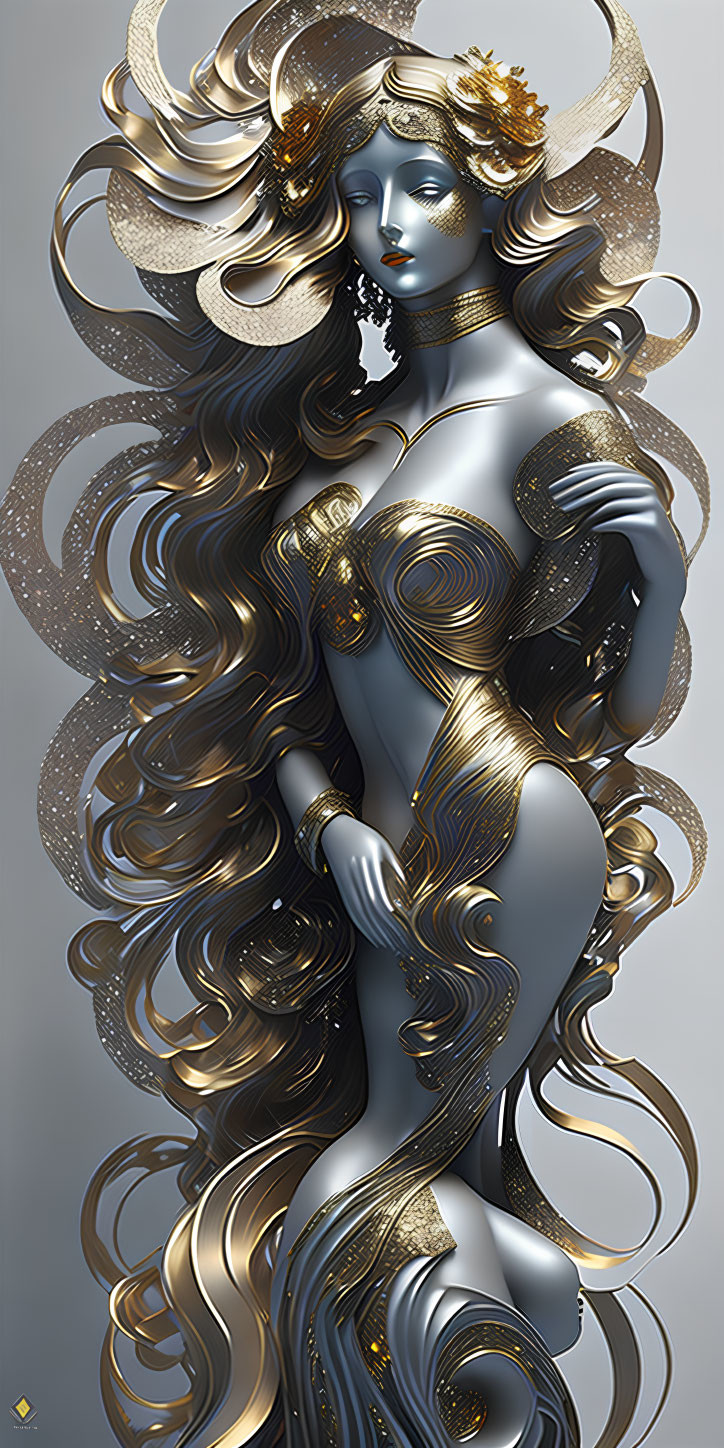 Golden-haired female figure with metallic skin and mystical aura