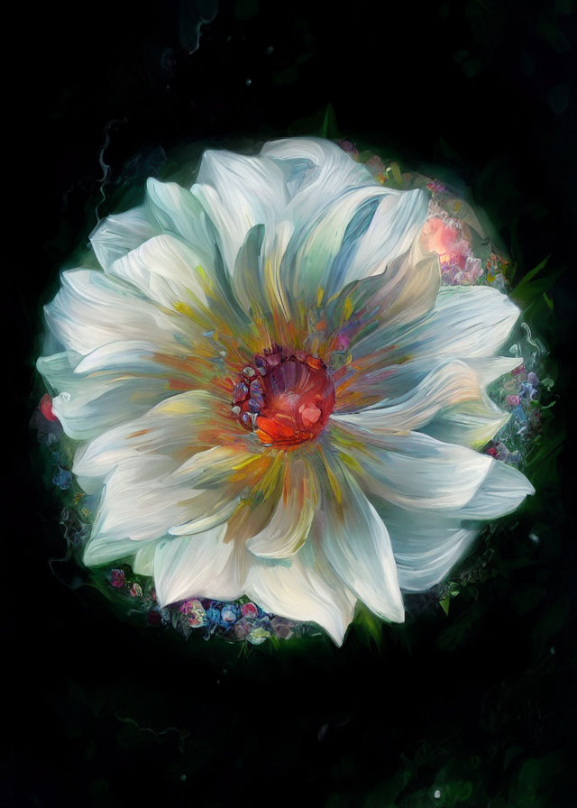 Detailed digital painting of white flower with red center amidst smaller flowers and leaves on dark backdrop