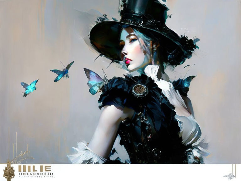 Stylized painting of woman in Victorian attire with blue butterflies