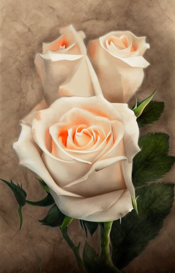 Three Pale Peach Roses on Textured Beige Background