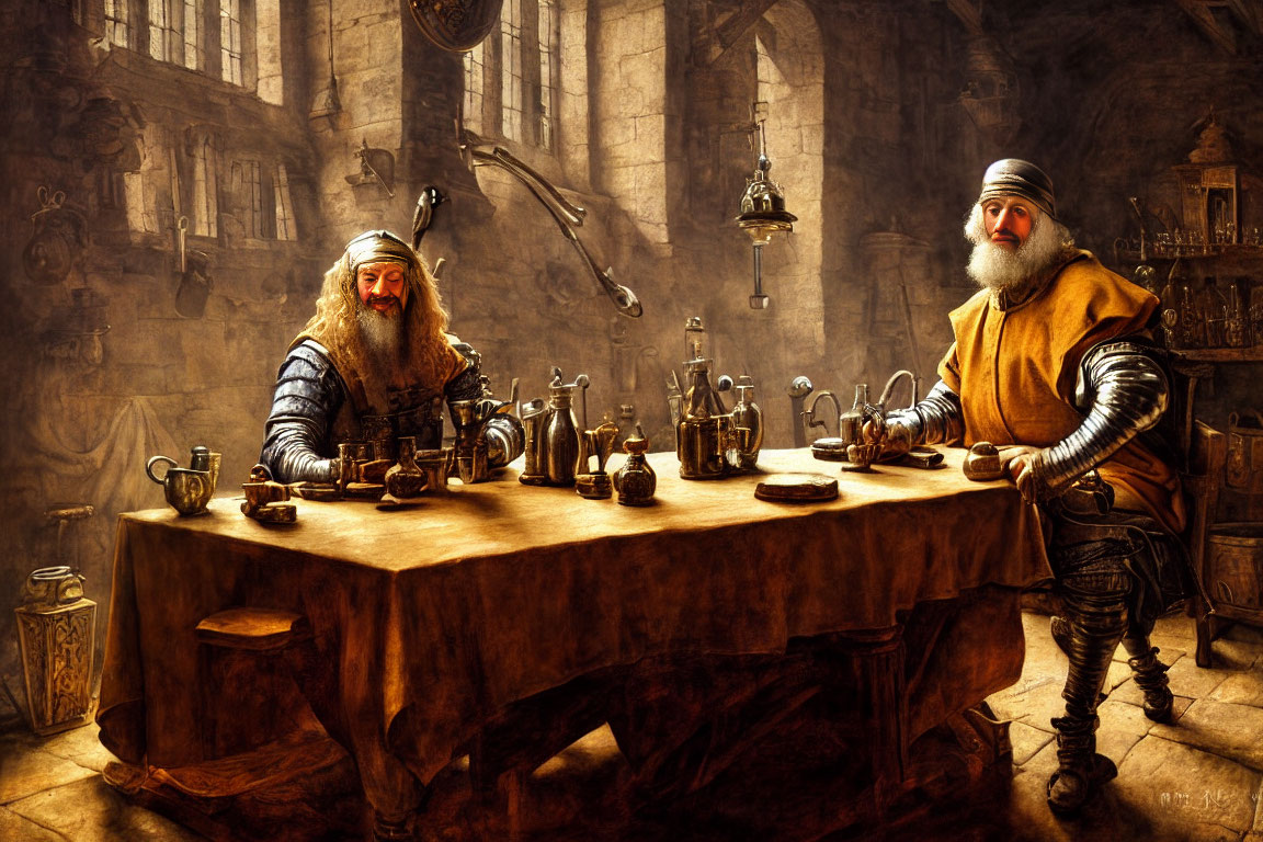 Medieval-themed painting of two bearded men at a table with goblets and candlesticks