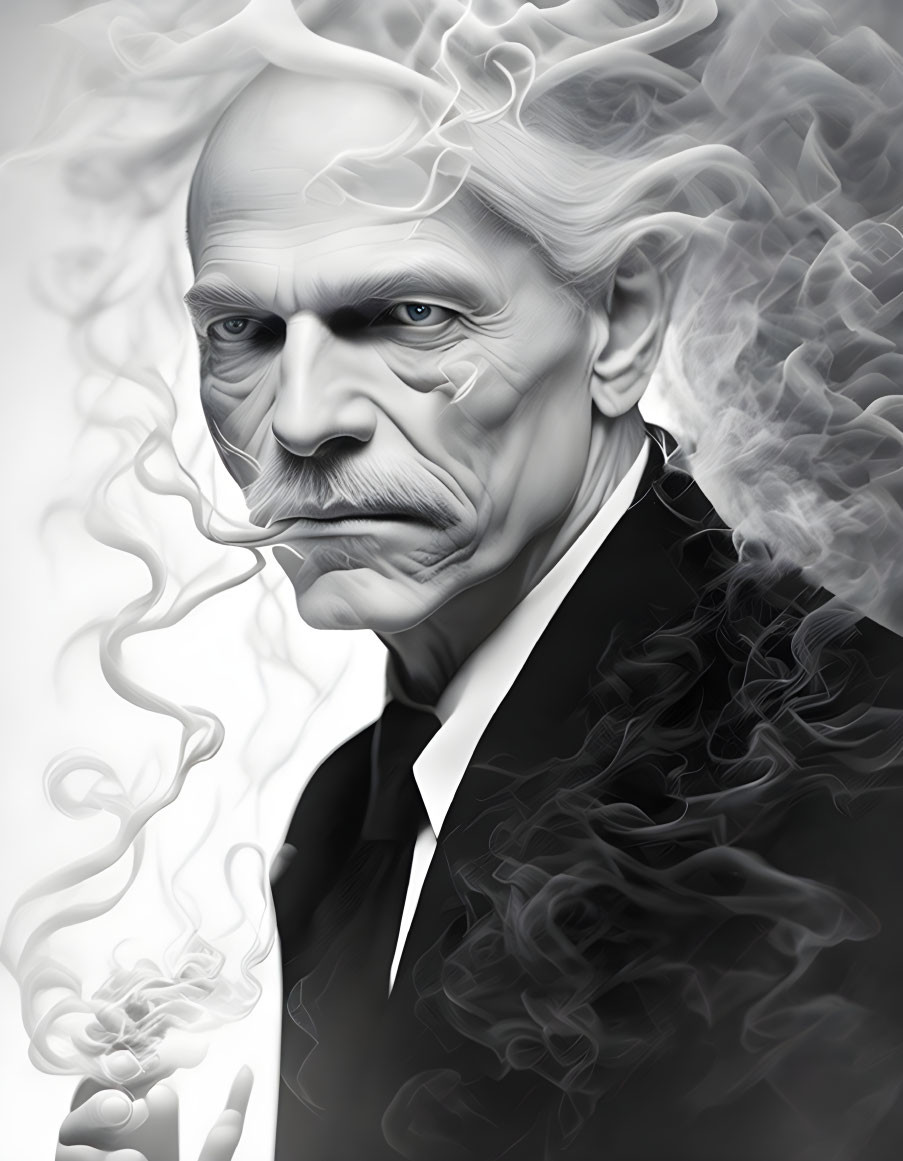 Monochromatic portrait of elderly gentleman with wavy hair and mustache in swirling smoke patterns