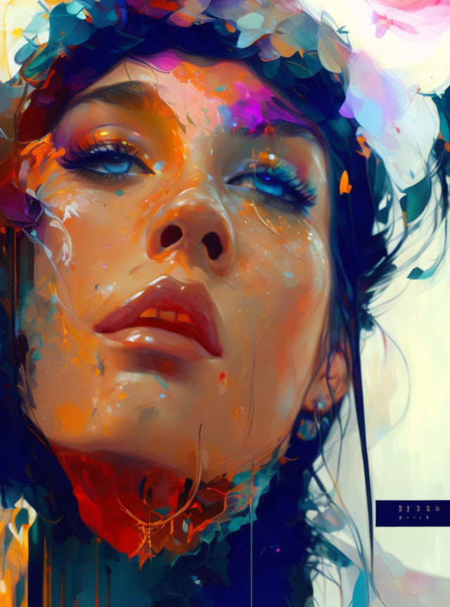 Vibrant portrait of a woman with paint splashes and floral crown