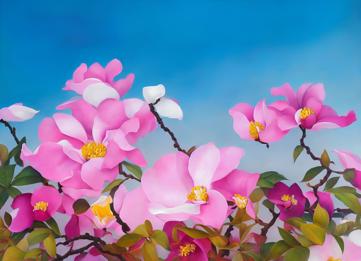 Colorful Pink Magnolia Flowers with Yellow Centers on Blue Sky Background