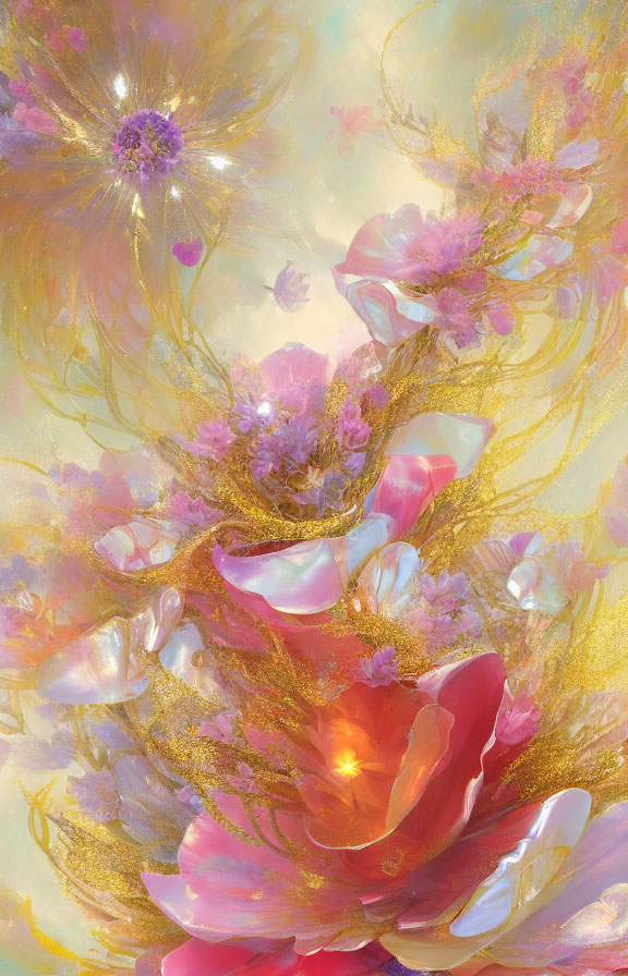 Ethereal artwork with gold and pink blooms on pastel background