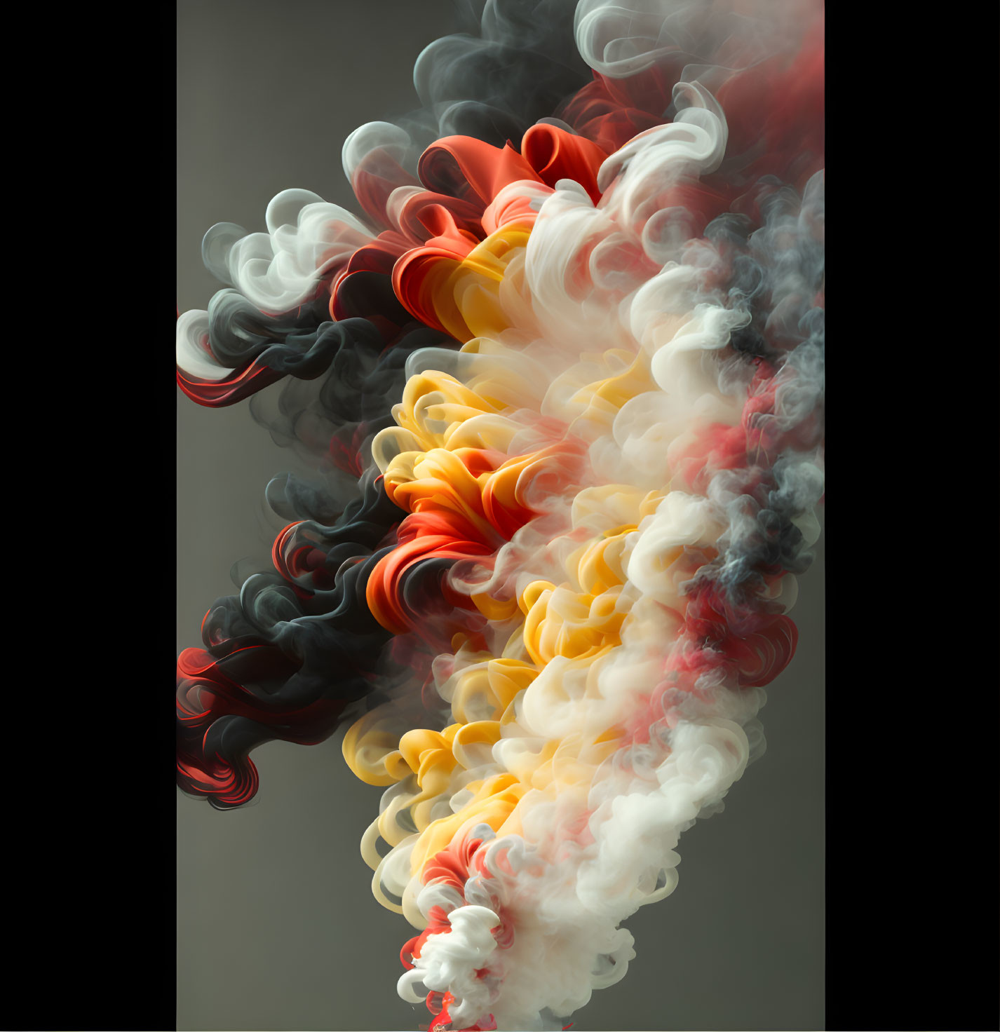 Vivid red, yellow, white, and black smoke swirls on gray background