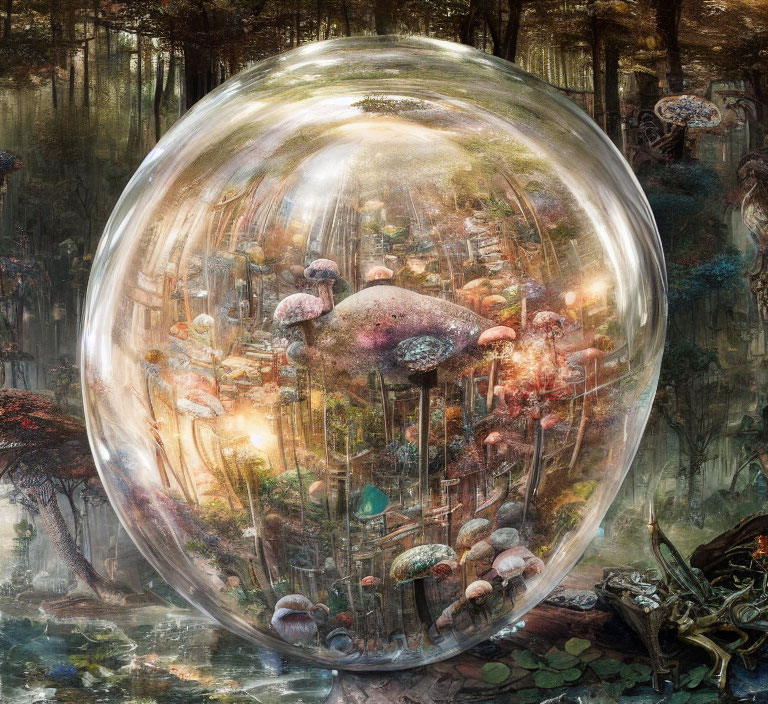 Enchanted forest scene with oversized mushrooms in transparent bubble