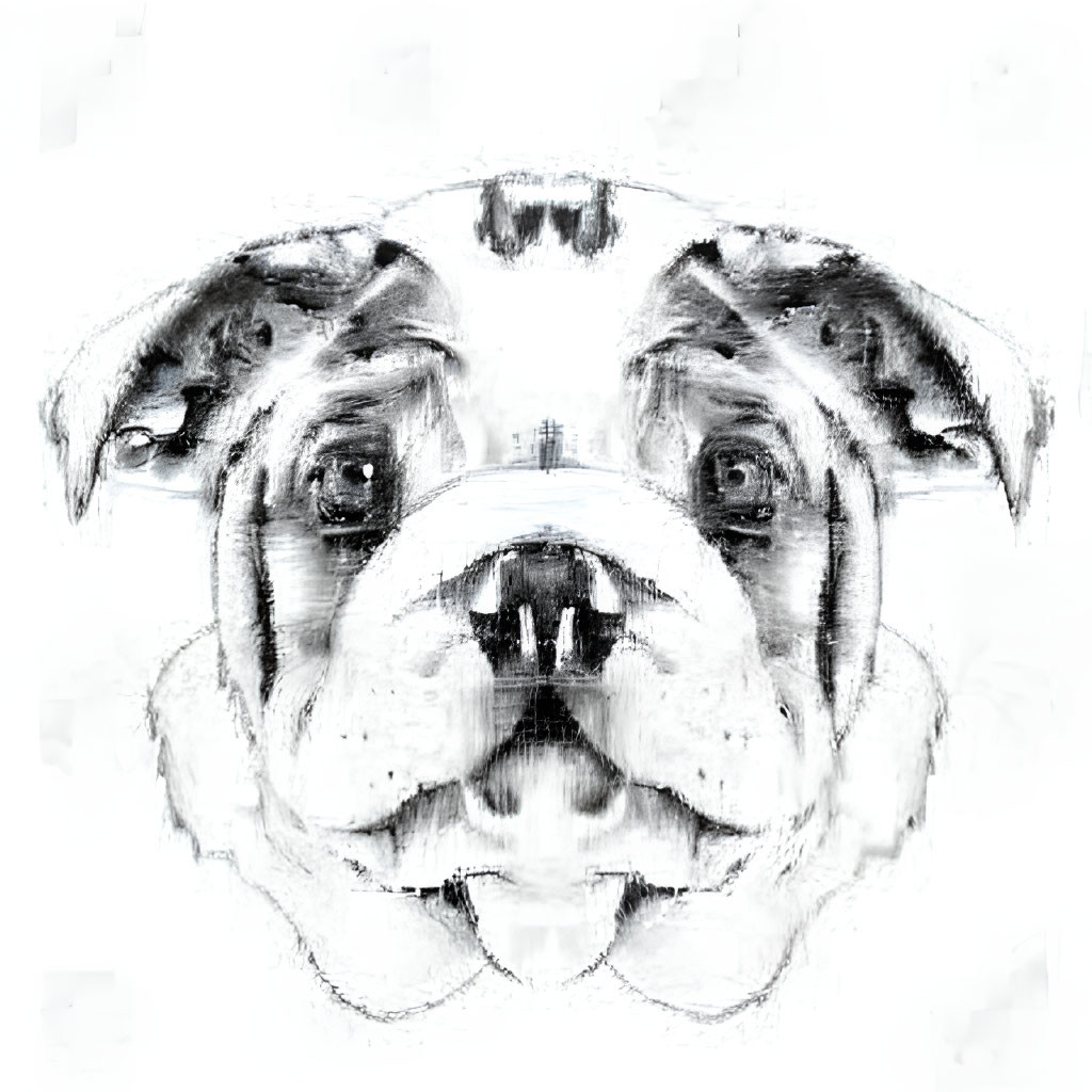 Symmetrical black-and-white bulldog face with mirror effect