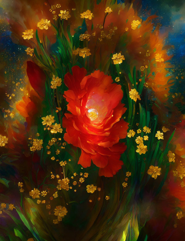 Colorful digital artwork: Red flower with golden blooms in green, orange, and yellow swirls