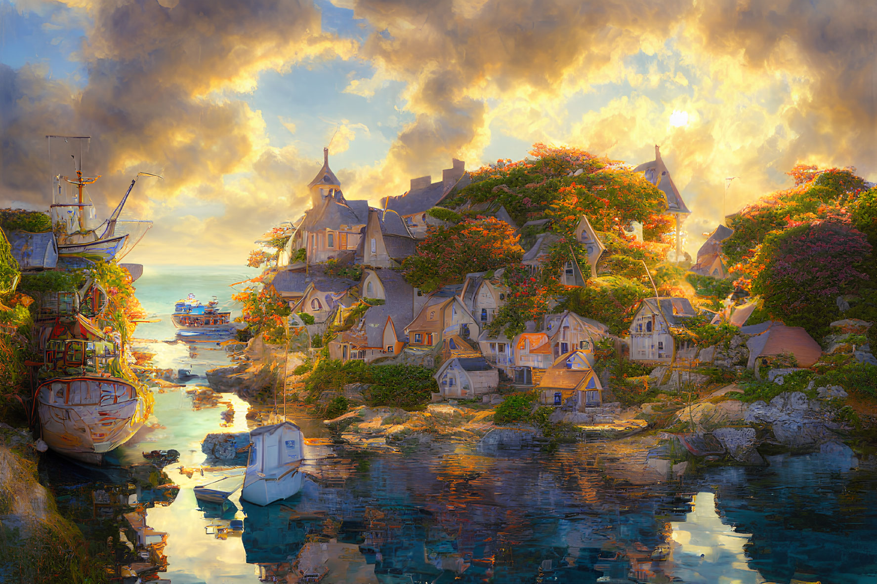 Tranquil seaside village with quaint houses, boats, and golden sunset