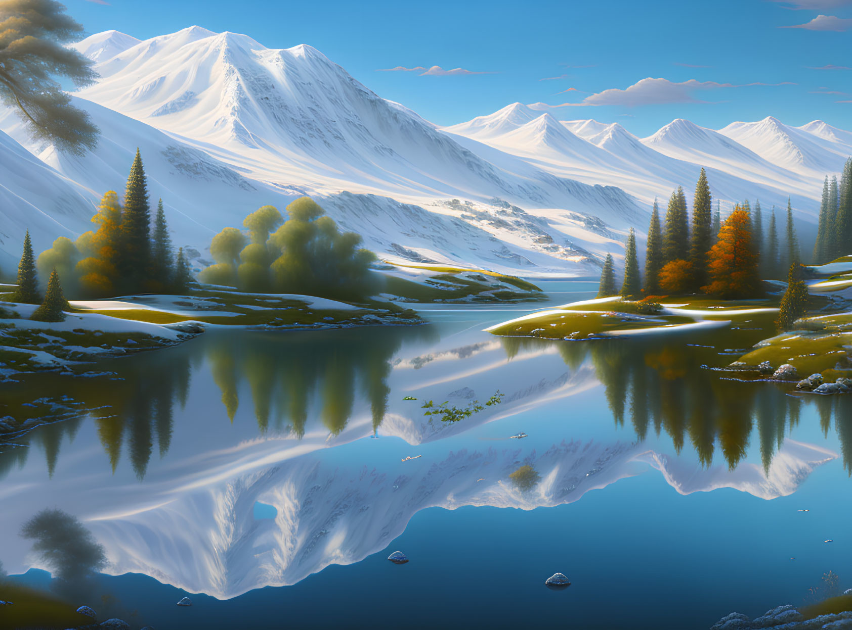 Snow-capped mountains reflected in calm lake with autumn trees - Alpine landscape