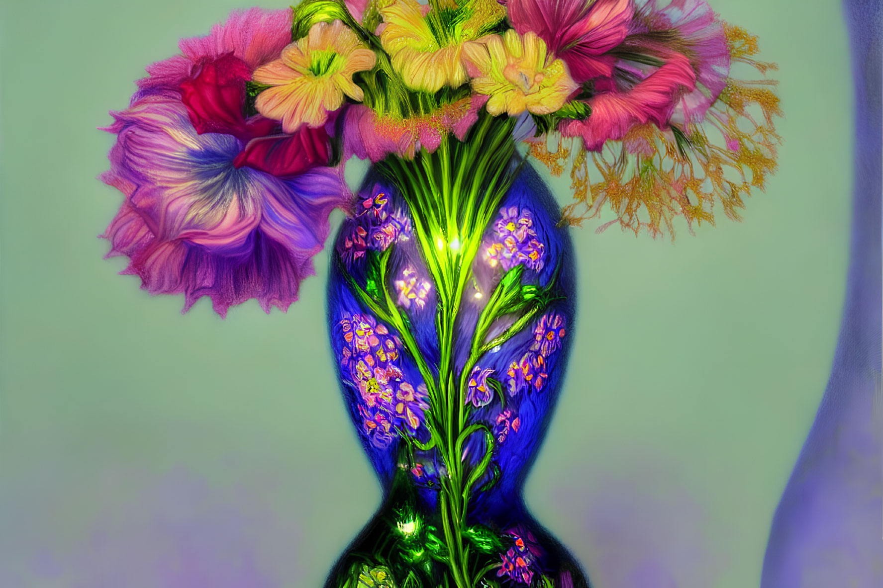 Colorful flower-headed vase artwork on teal background