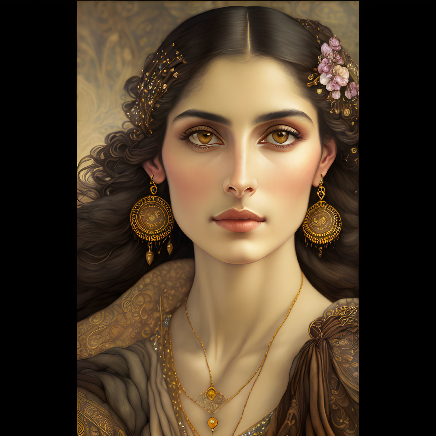 Detailed illustration of woman in golden jewelry and floral-adorned brown dress.