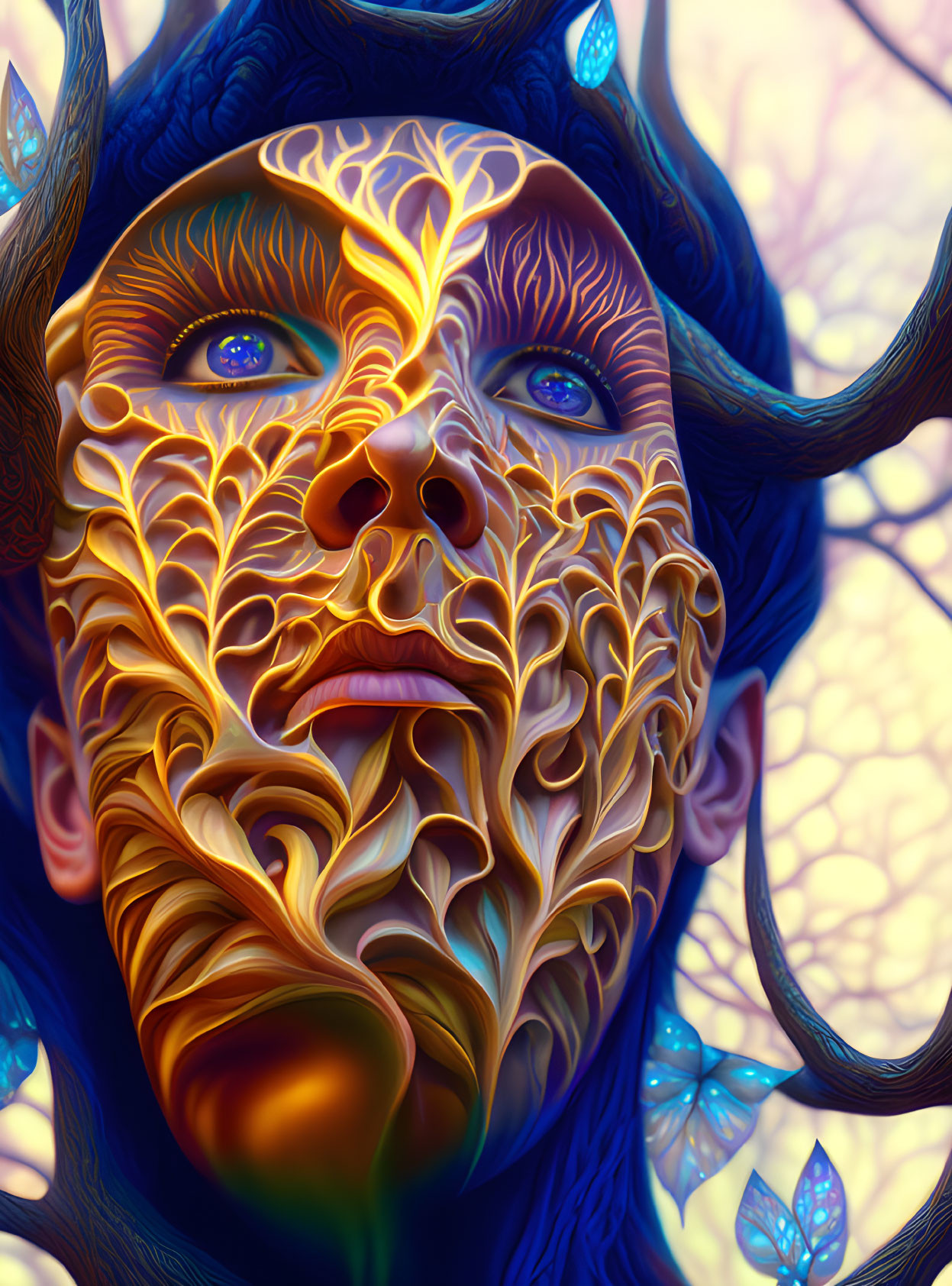 Colorful digital art: person with fractal patterns, blue eyes, and butterfly motifs.