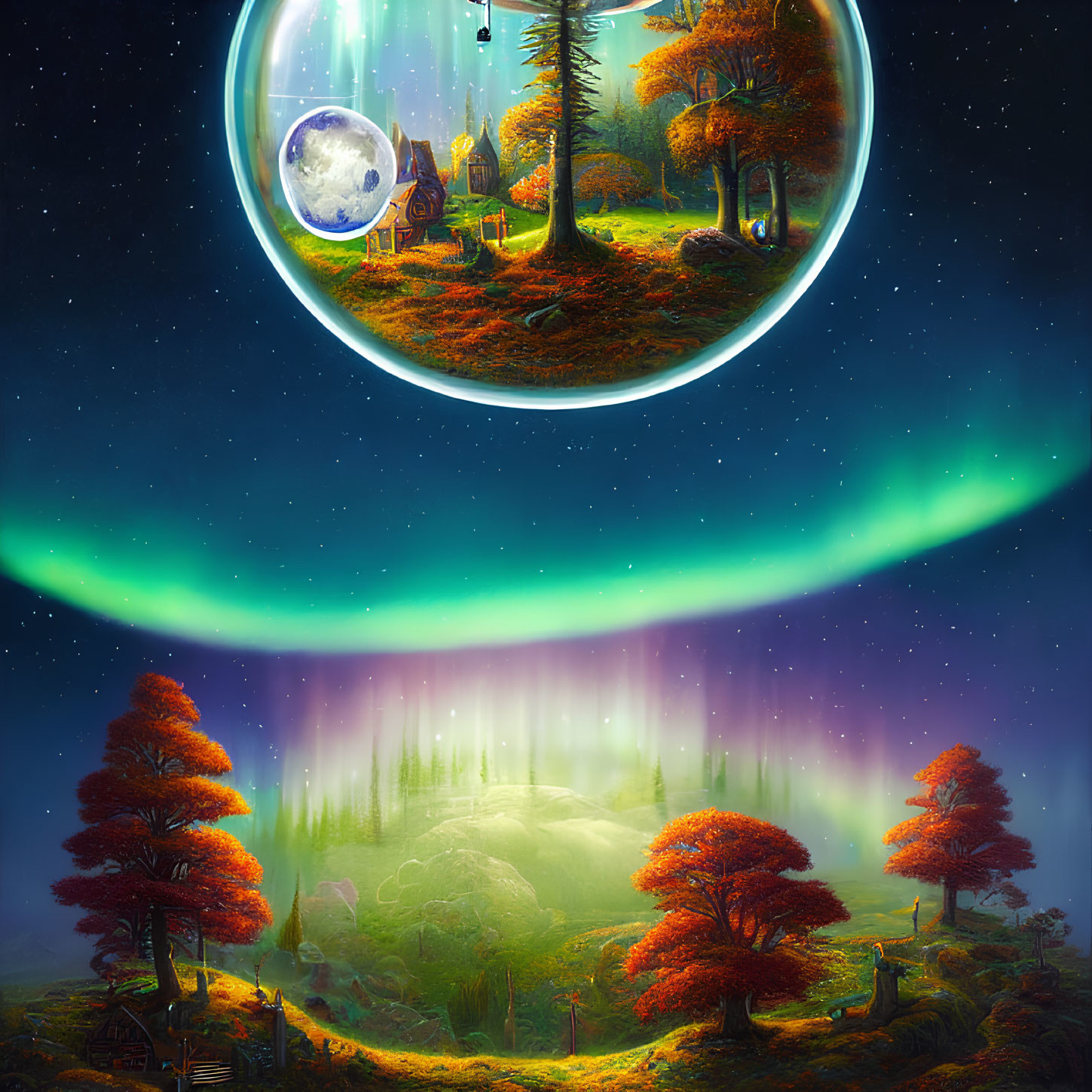 Fantasy landscape with floating island, giant moon, and autumn trees