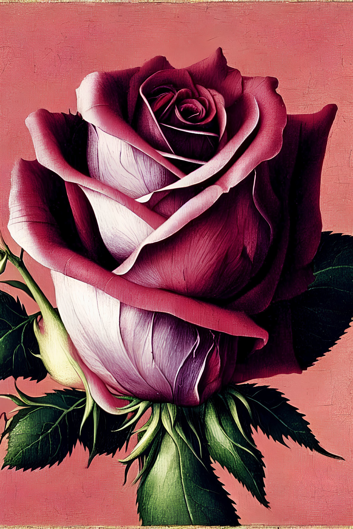 Detailed Illustration of Vibrant Pink and Red Rose with Green Stem