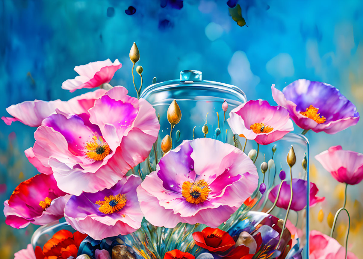 Colorful Pink and Purple Poppies in Glass Jar with Blurred Blue Background