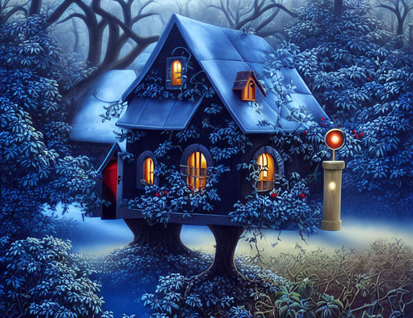 Illustration of cozy house in twilight forest with red lamp post