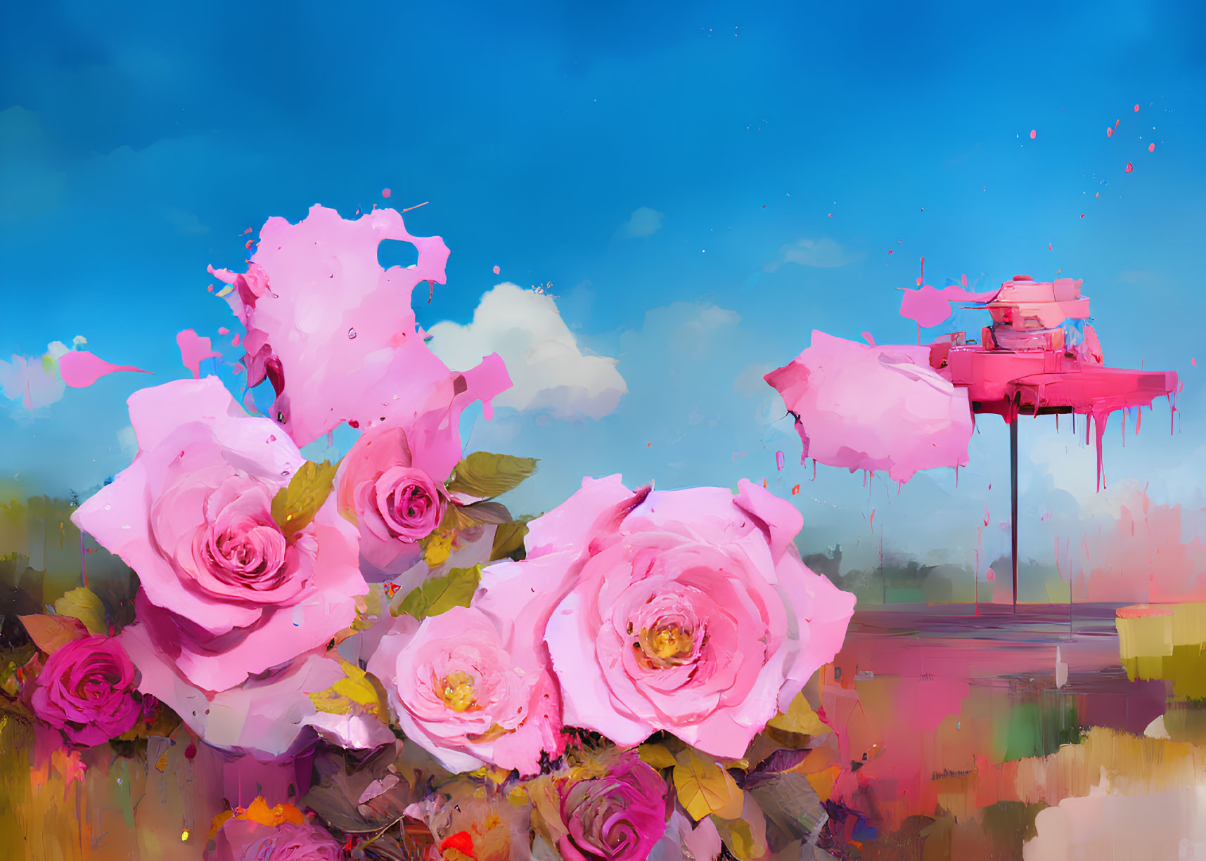 Colorful digital artwork featuring pink roses and paint splatters on abstract landscape.