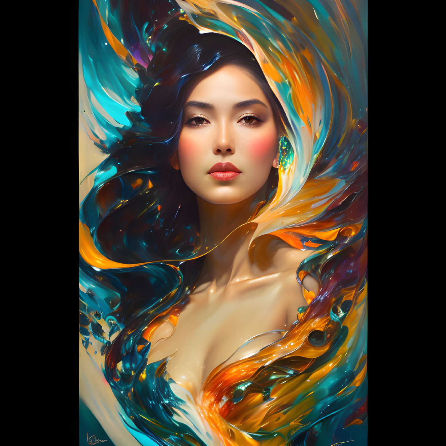 Vibrant Abstract Portrait with Flowing Hair in Orange, Blue, and Yellow