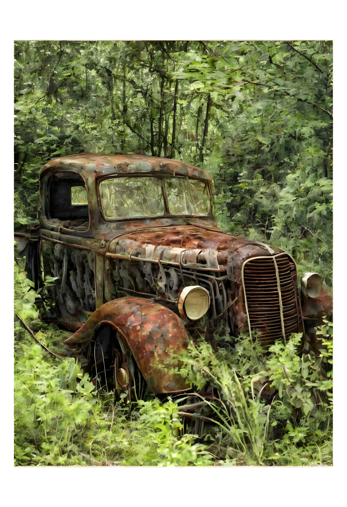 Rusty abandoned truck in overgrown woods