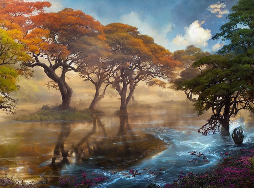 Tranquil landscape with towering trees and serene water