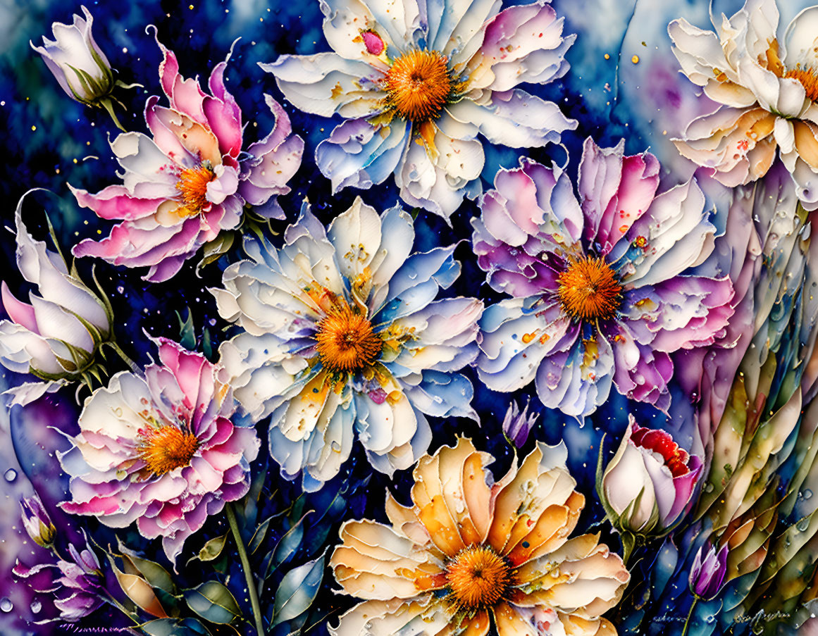 Colorful Flowers with Water Droplets on Starry Background