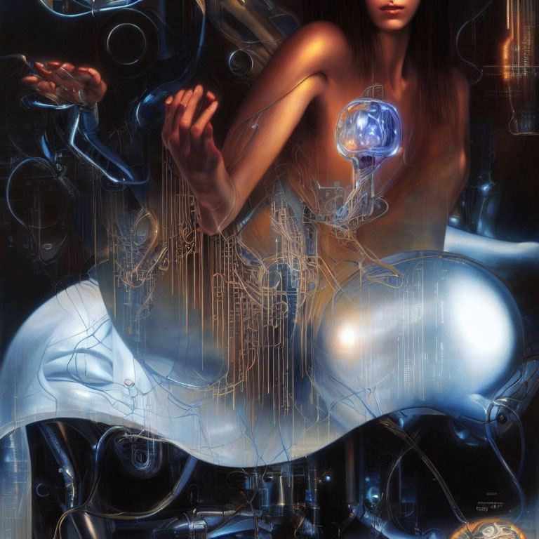 Surreal illustration: woman fused with futuristic machinery and glowing orb.