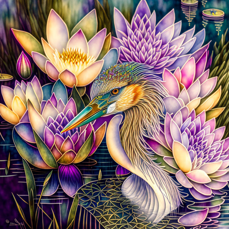 Colorful bird among blooming lotus flowers in vibrant illustration