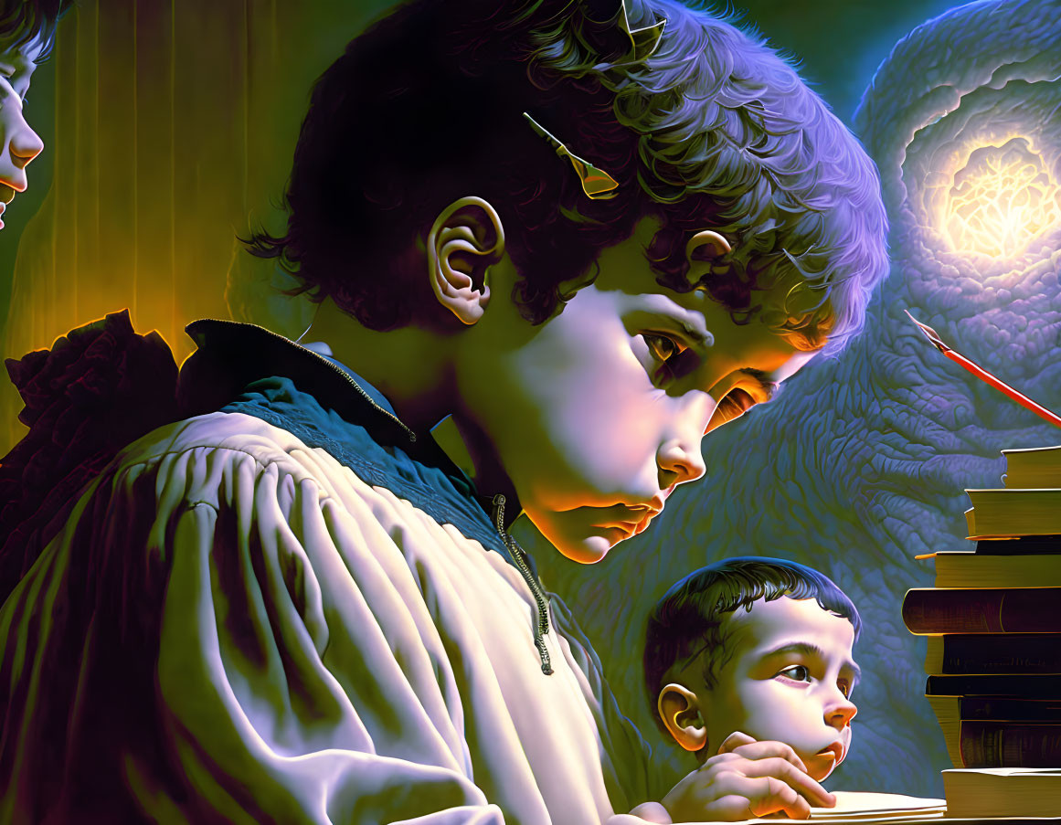 Vibrant digital artwork: Children with contemplative expressions amid books and ethereal glow